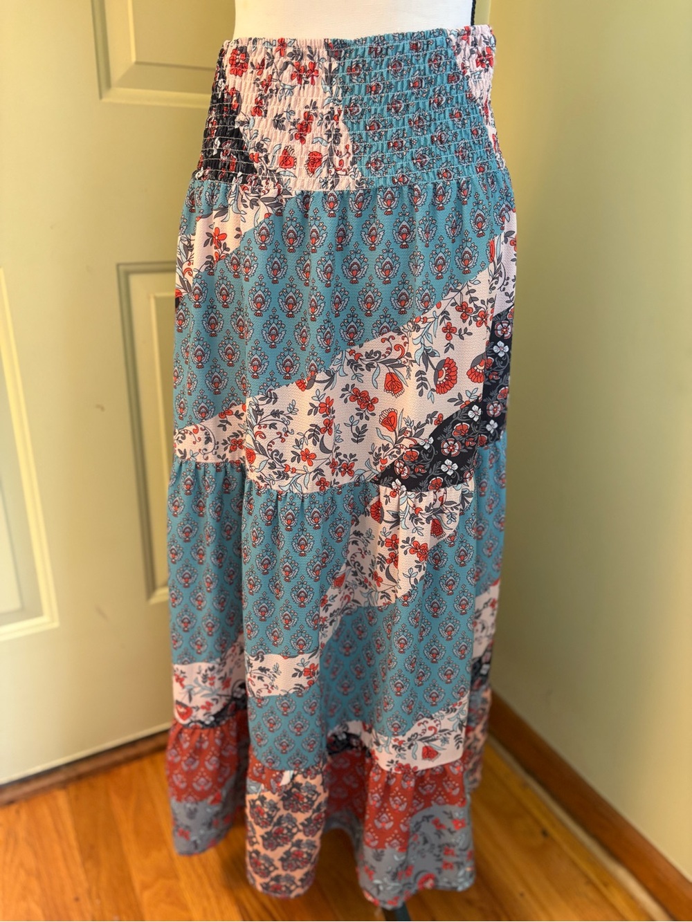 BOHO Printed Patchwork Smocked Waist Maxi Skirt size M - Picture 3 of 11